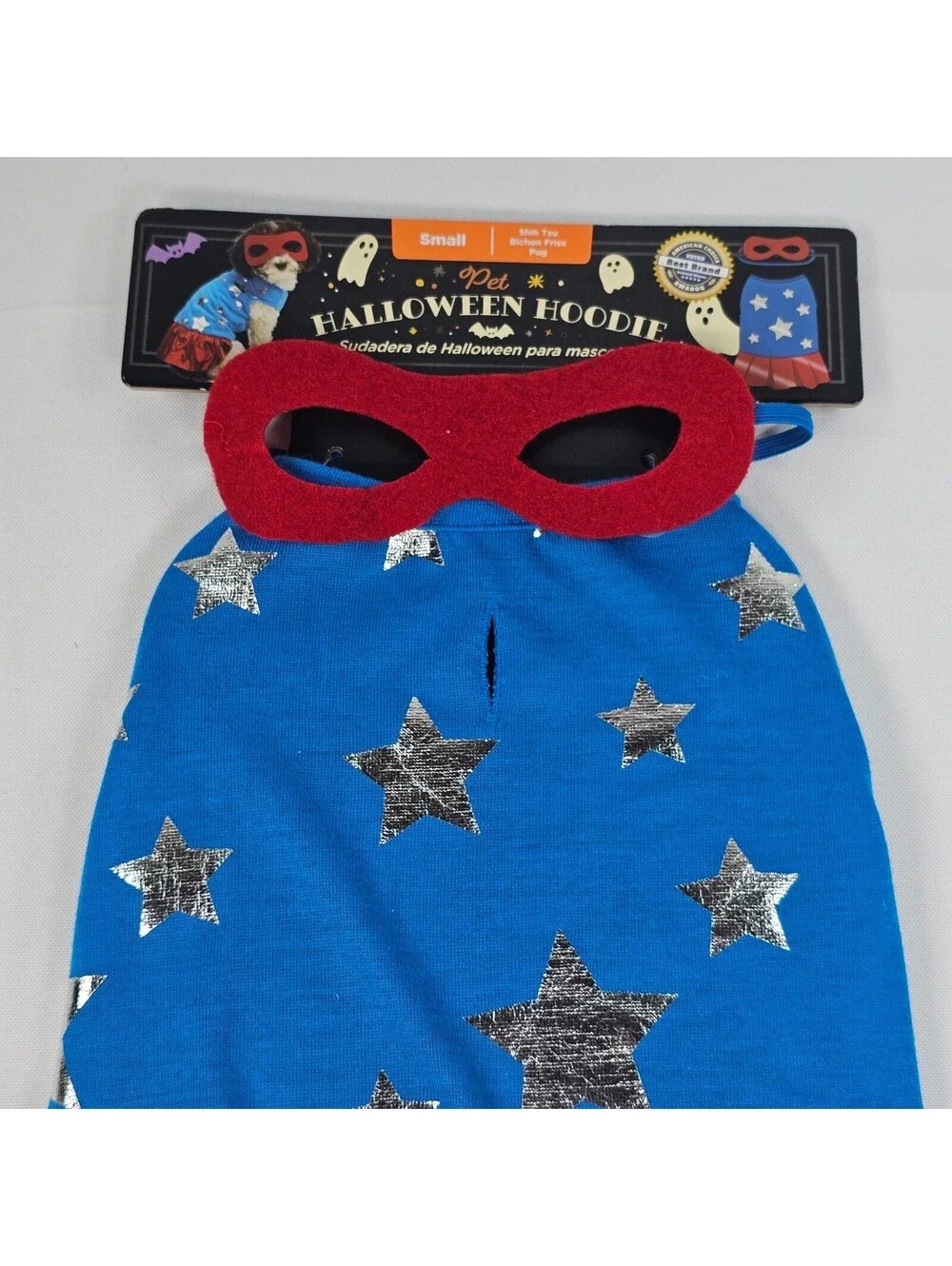 New Pet Hoodie Superhero Costume Blue Silver Stars Red Skirt Mask Small
